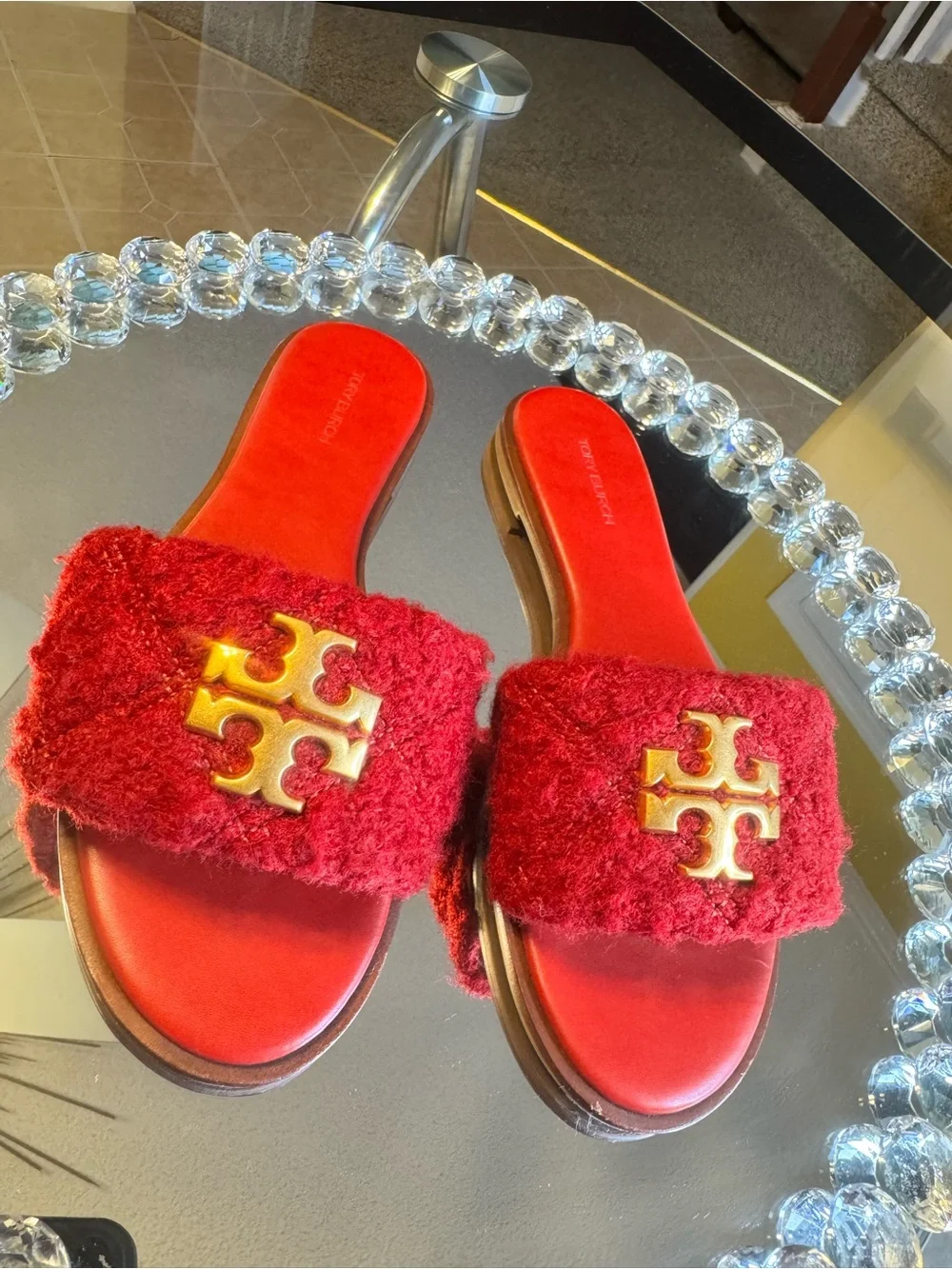 Tory Burch Everly Milos Boucle Slide Sandals In Pomegranate. Size 8